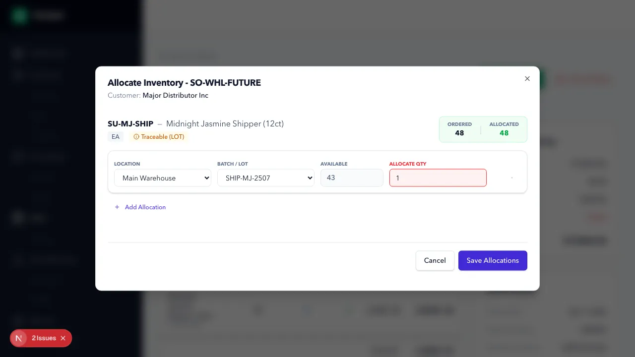 Allocation modal showing line-level ordered and allocated quantities