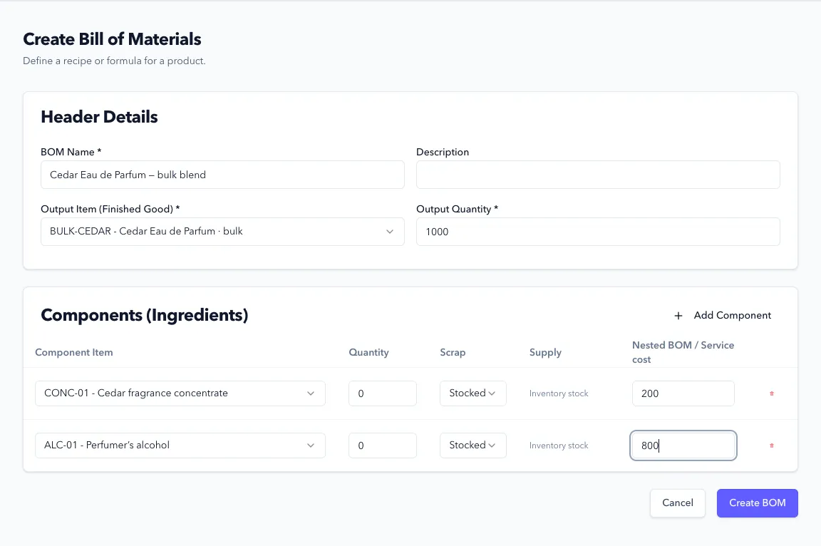 Recipe editor showing output and component quantities
