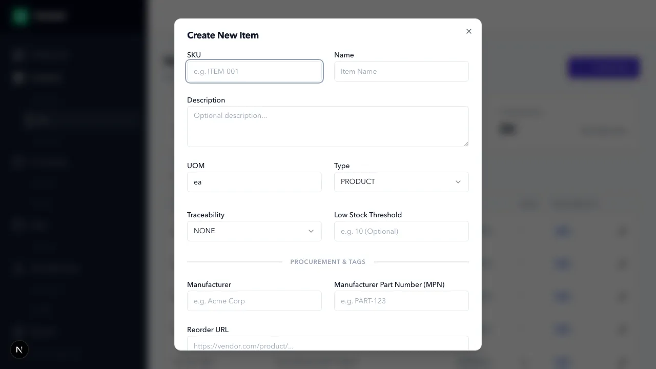 Create New Item Modal