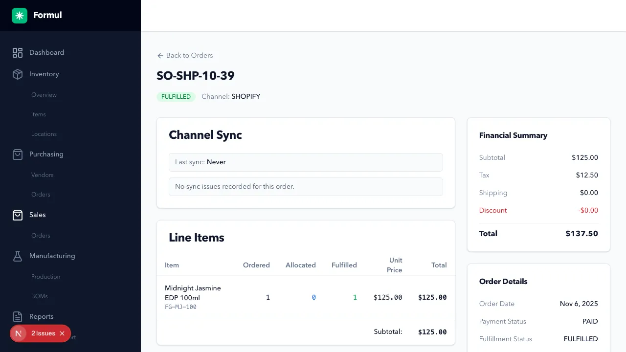 Fulfilled Order detail after successful fulfillment