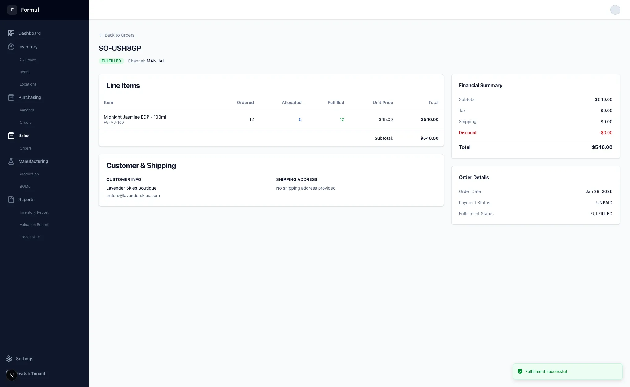 Fulfilled Order Details