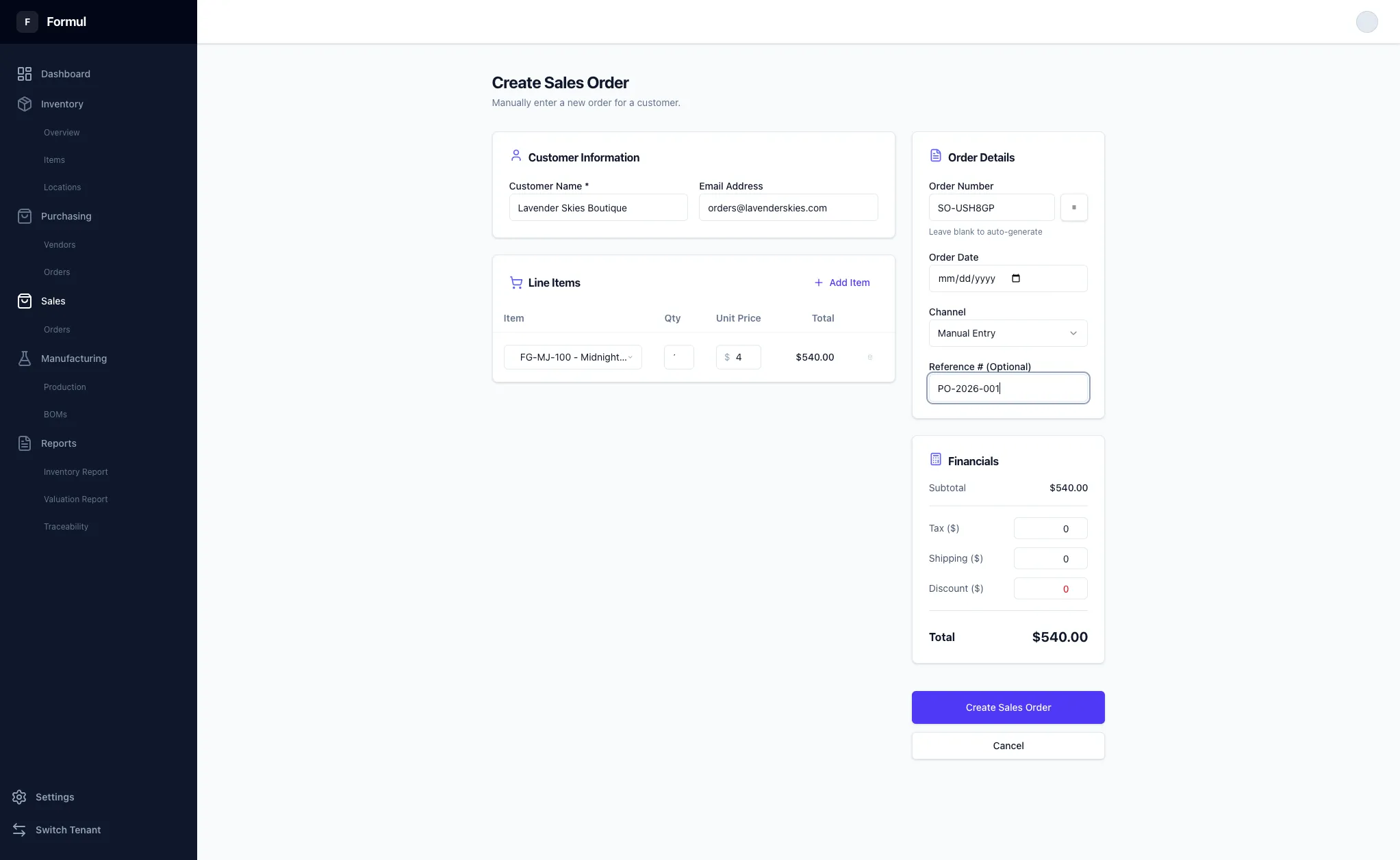 Creating a Sales Order