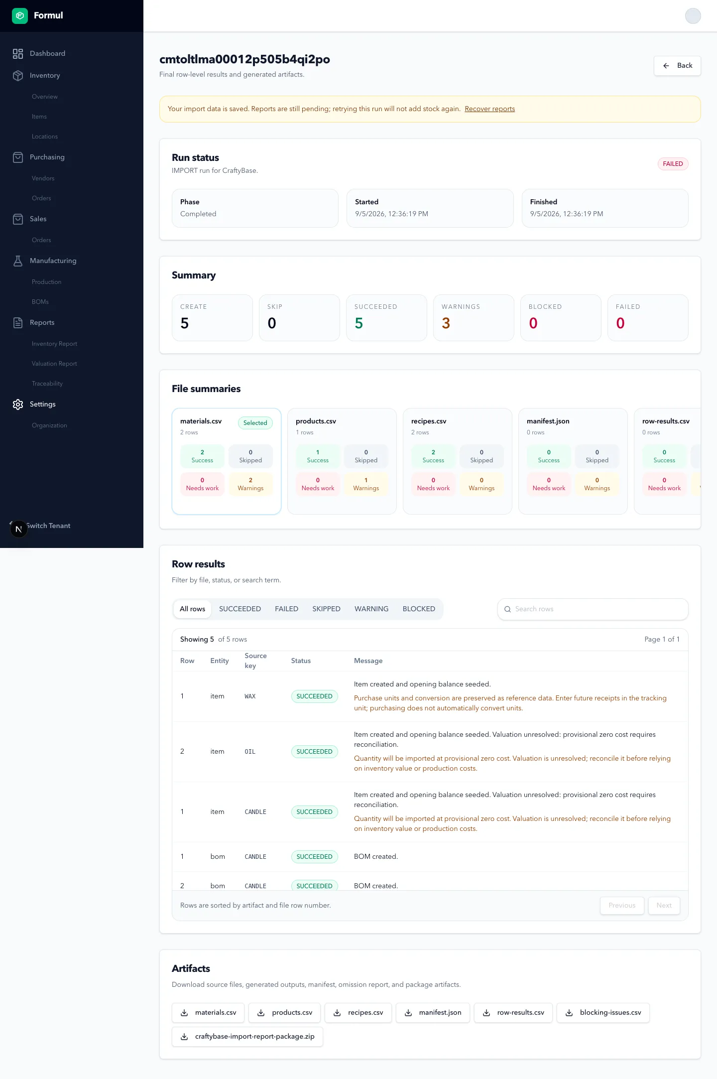 Saved import data with the Recover reports action