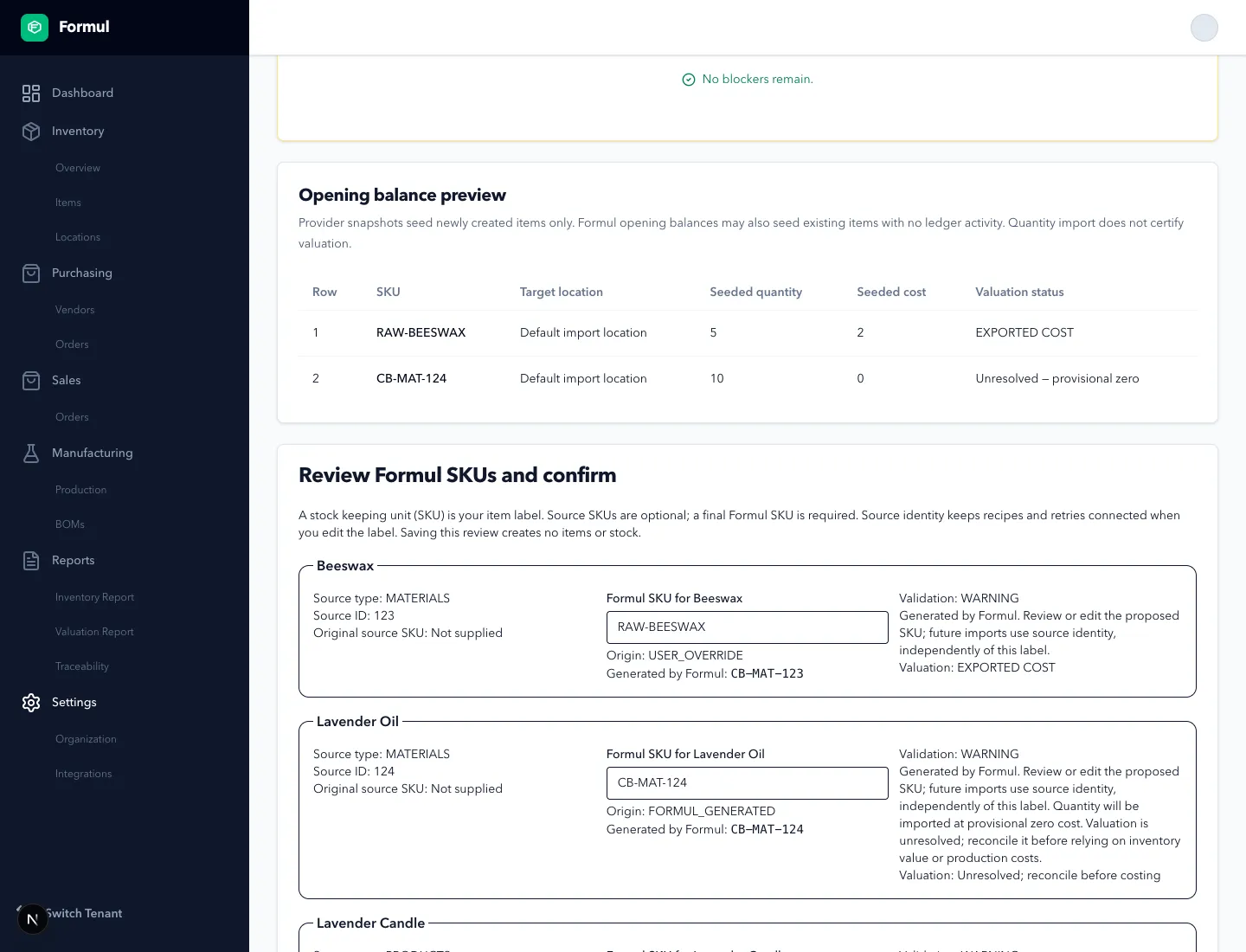 Saved editable Formul SKUs, original proposals and unresolved valuation