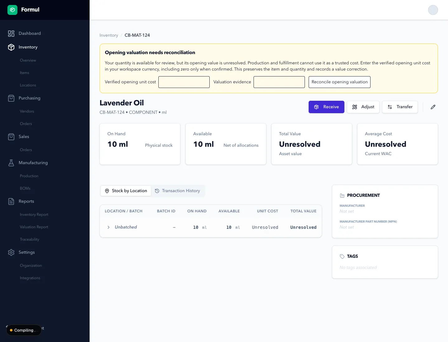 Reconcile an unresolved opening value on the item page
