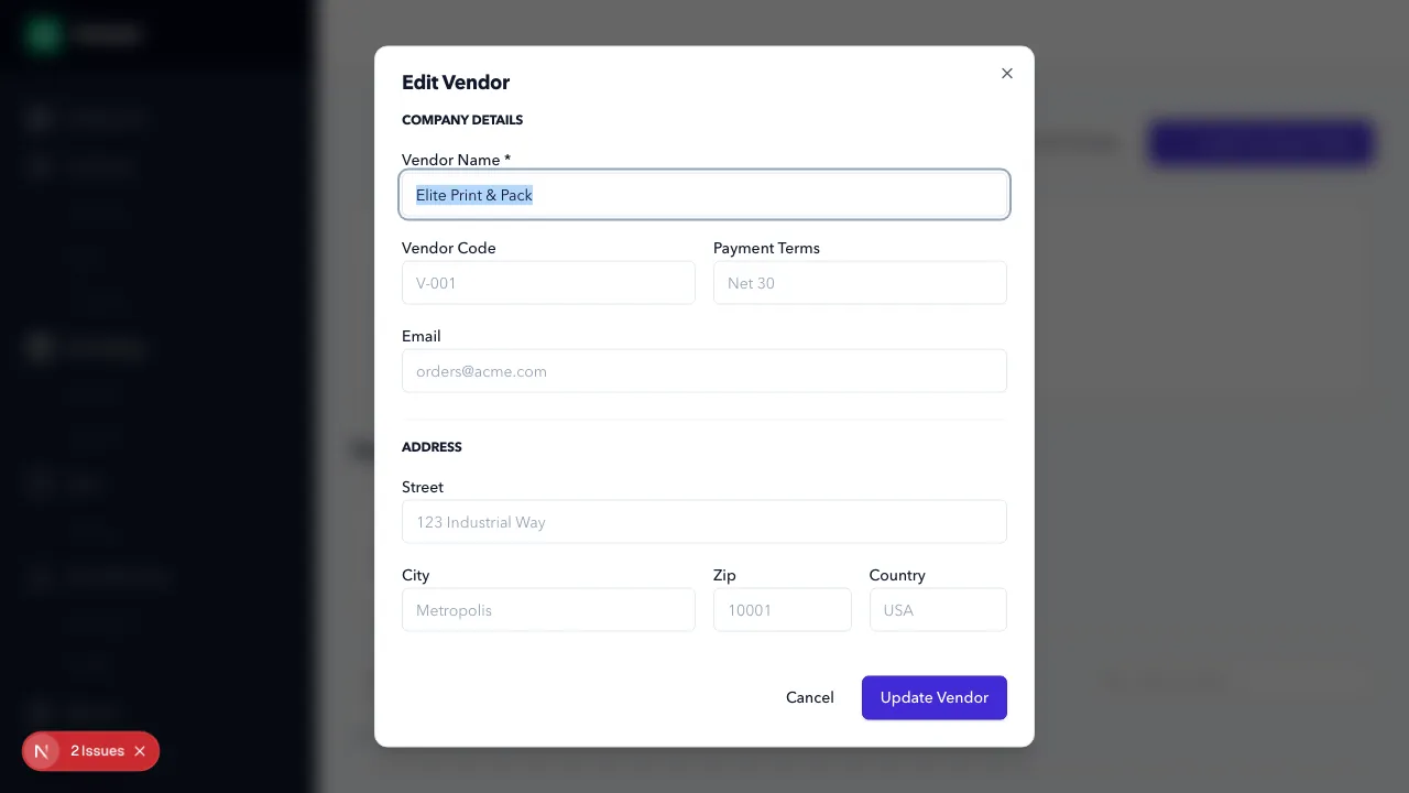 Edit Vendor Modal with Update Vendor button