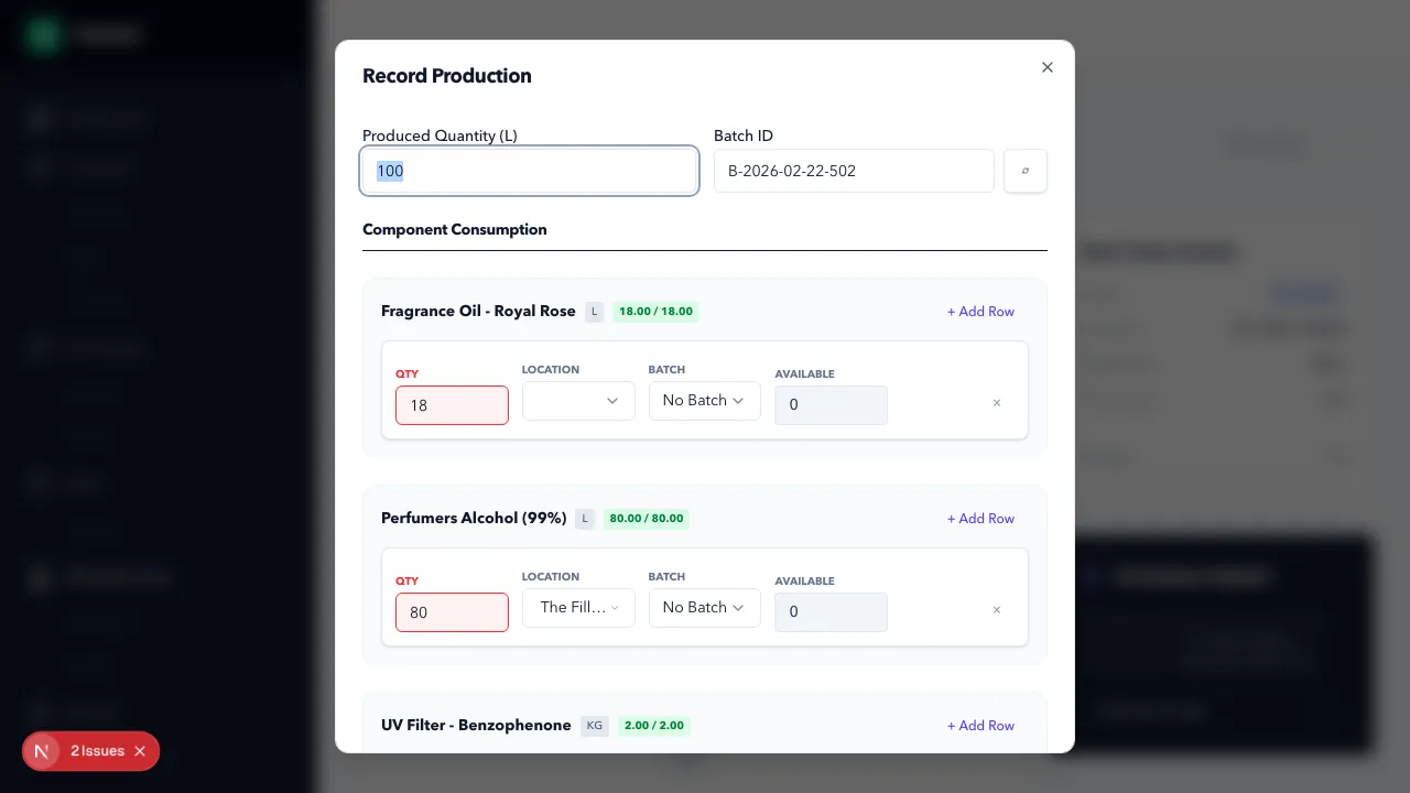 Record Production modal with quantity validation states